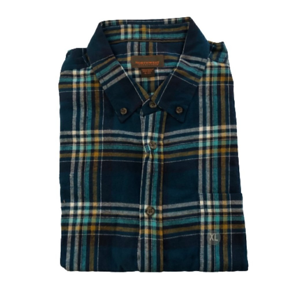 🛒 $15 NORTHWEST TERRITORY Blue Button Up Flannel Plaid Long Sleeve NWT